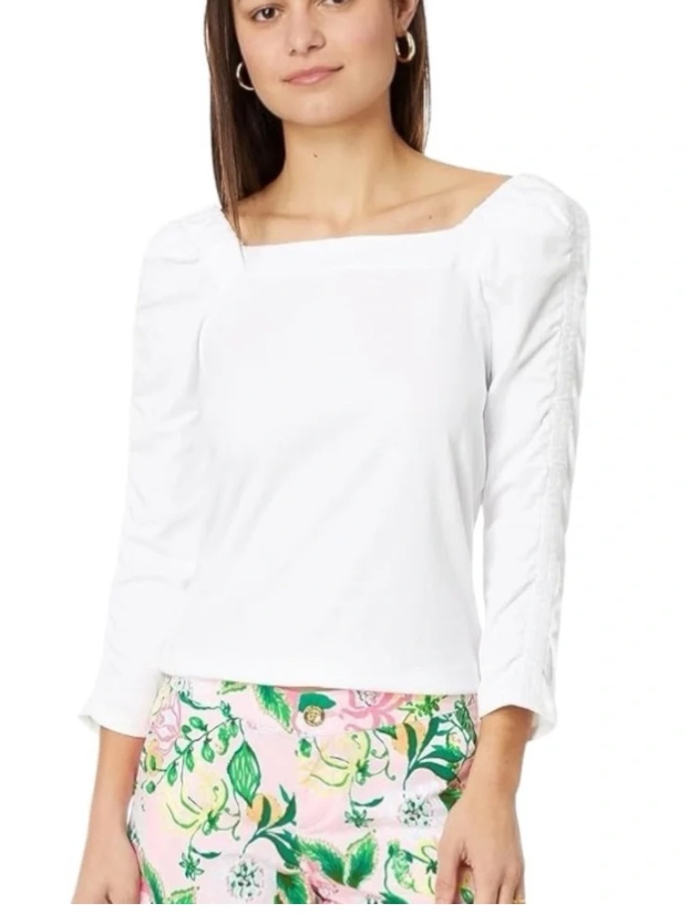 Lilly Pulitzer Sirah White 3/4 Ruched Sleeve Knit Top
